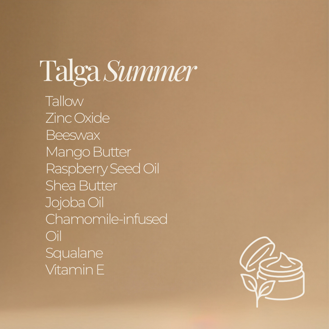 Talga Summer ingredient list graphic: tallow, zinc oxide, beeswax, mango butter, raspberry seed oil, shea butter, jojoba oil, chamomile-infused oil, squalane, and vitamin E, with the Talga logo.