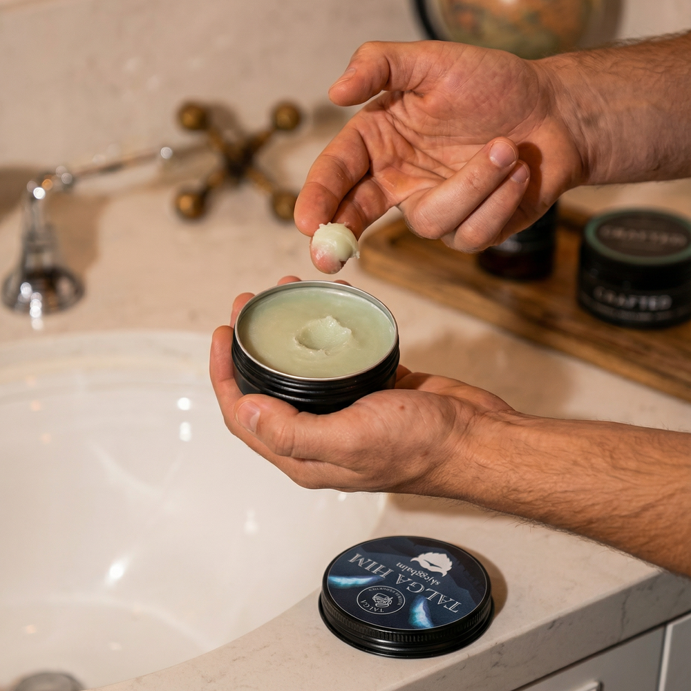 Open tin of Talga Him beard balm showing the balm surface, with the lid resting beside it on a beige background.