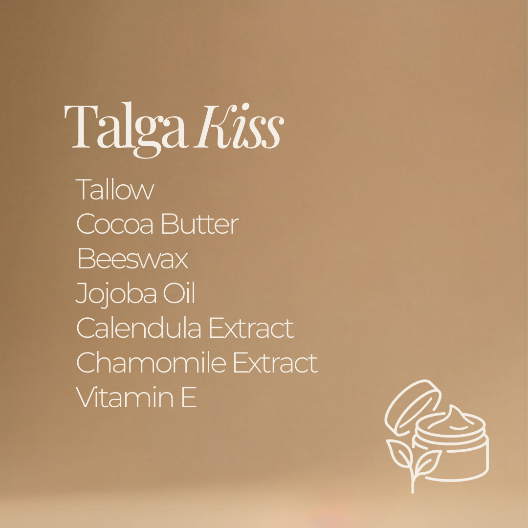 Talga Kiss ingredient list graphic: tallow, cocoa butter, beeswax, jojoba oil, calendula extract, chamomile extract, and vitamin E, with a small jar icon (Talga Cosmetics logo).