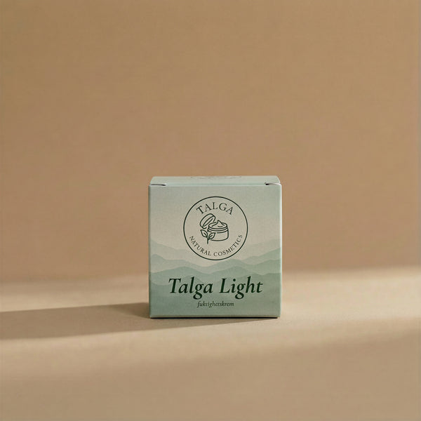 Front view of the Talga Light fuktighetskrem box on a beige background with the Talga Natural Cosmetics logo.