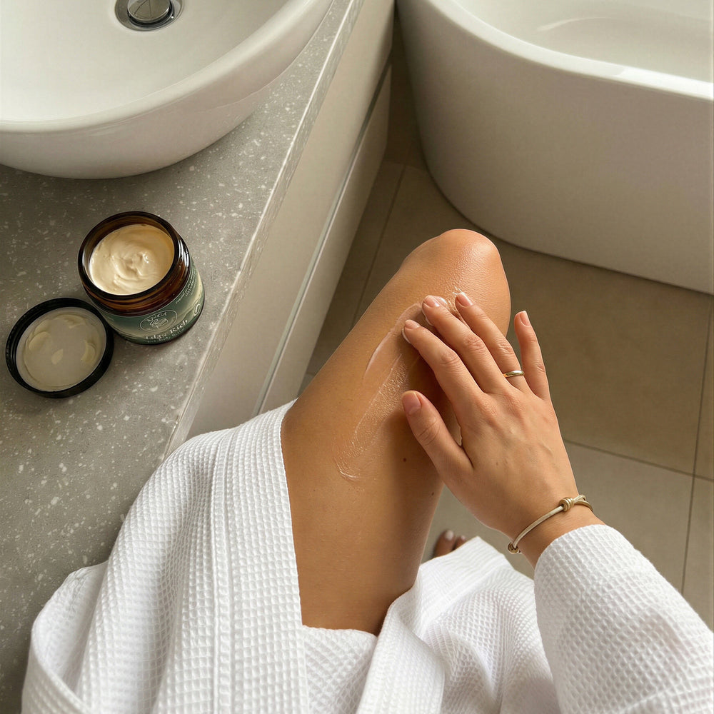 Talga Rich body butter in an amber glass jar with a black lid next to it on a beige background.