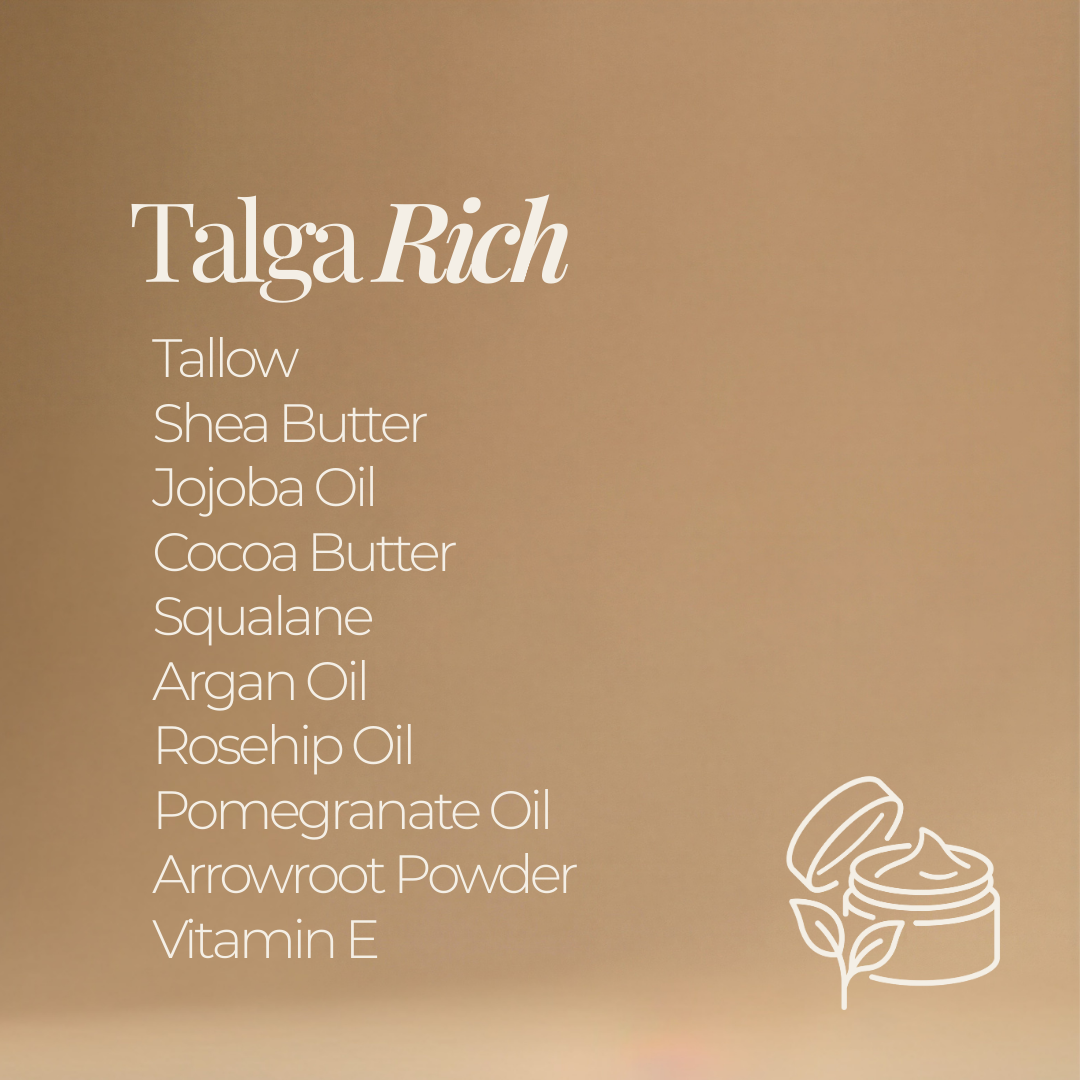 Talga Rich ingredient list graphic: tallow, shea butter, jojoba oil, cocoa butter, squalane, argan oil, rosehip oil, pomegranate oil, arrowroot powder, and vitamin E, with the Talga logo.