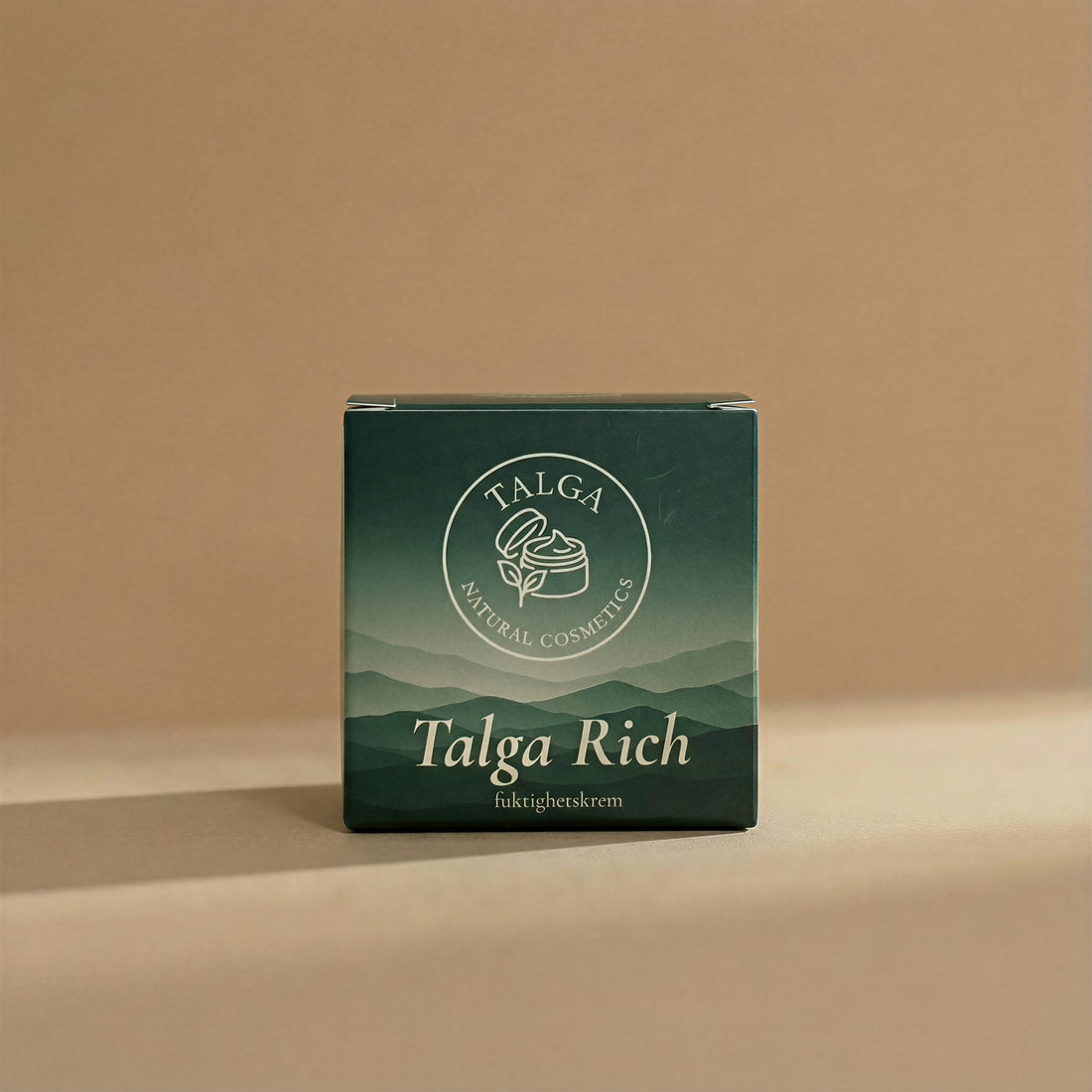 Front view of the Talga Rich fuktighetskrem box on a beige background with the Talga Natural Cosmetics logo.